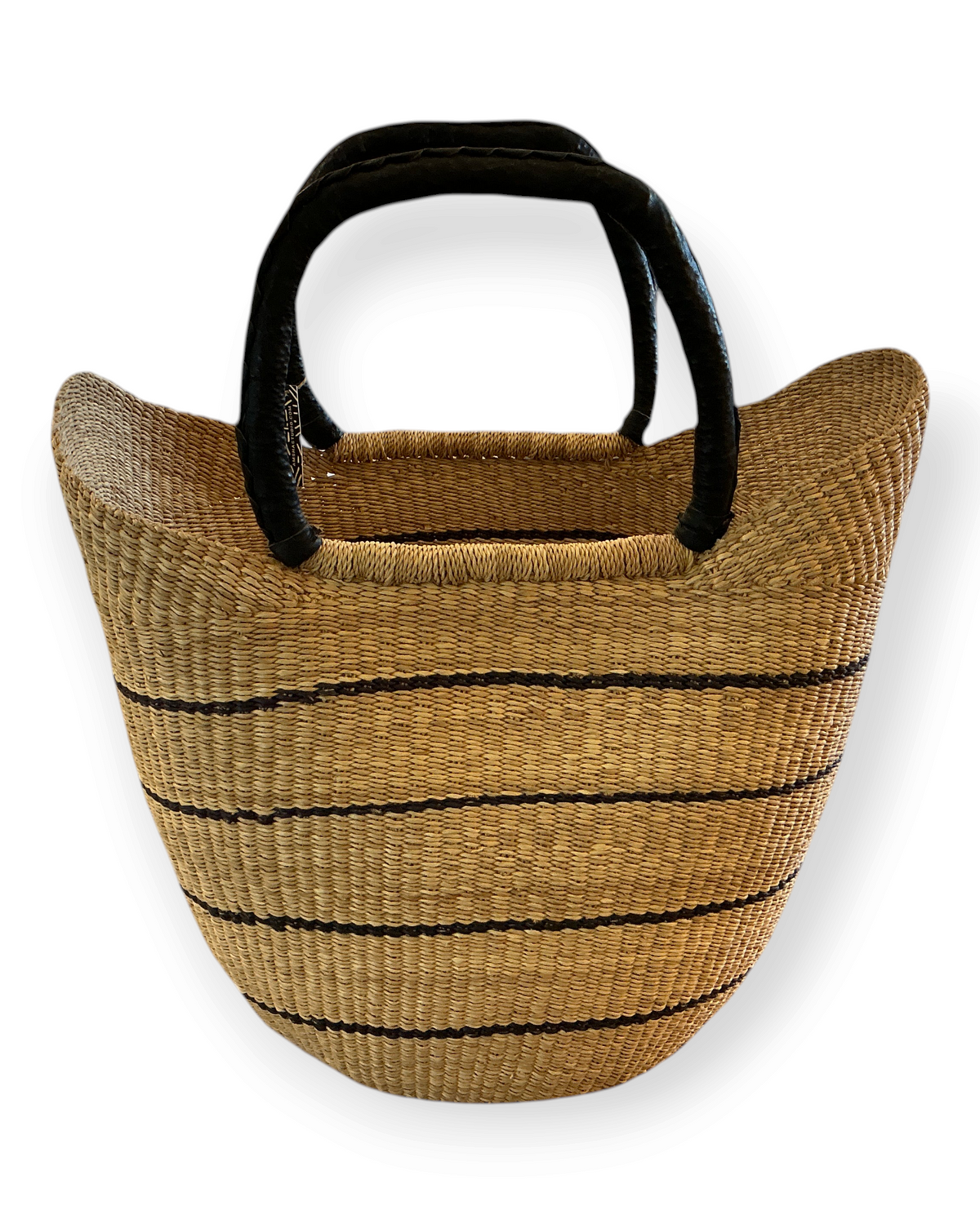 Birdie by Nina Liddle Design Jema market tote in woven natural straw with black horizontal stripes and leather handles