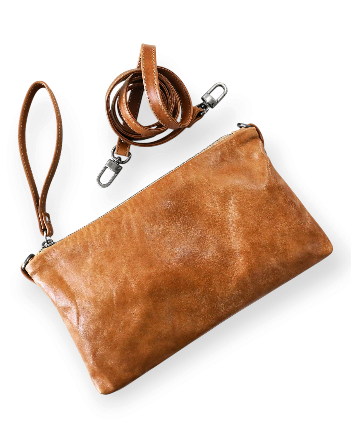 Birdie by Nina Liddle Design tan leather pinched bottom traveler bag with removable crossbody strap and wristlet