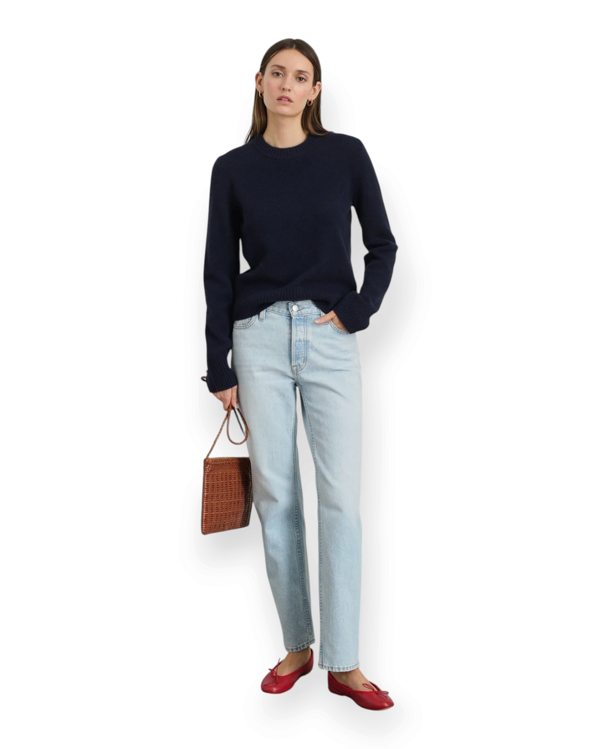 Birdie by Nina Liddle Design Marais navy blue washed cashmere sweater worn by a model with light wash jeans
