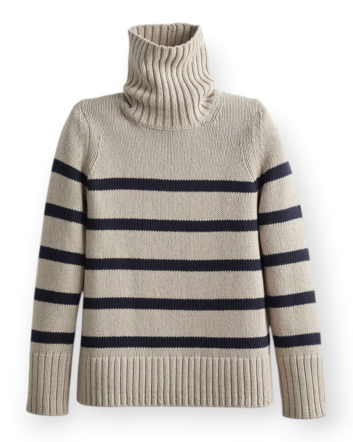 Birdie by Nina Liddle Design Wynn striped cotton turtleneck sweater in beige and navy with bold ribbed detailing.
