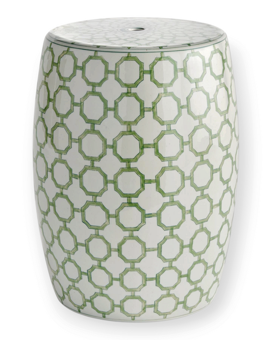 Birdie by Nina Liddle Design Imperial Link ceramic stool with hand-painted green and white chinoiserie pattern.