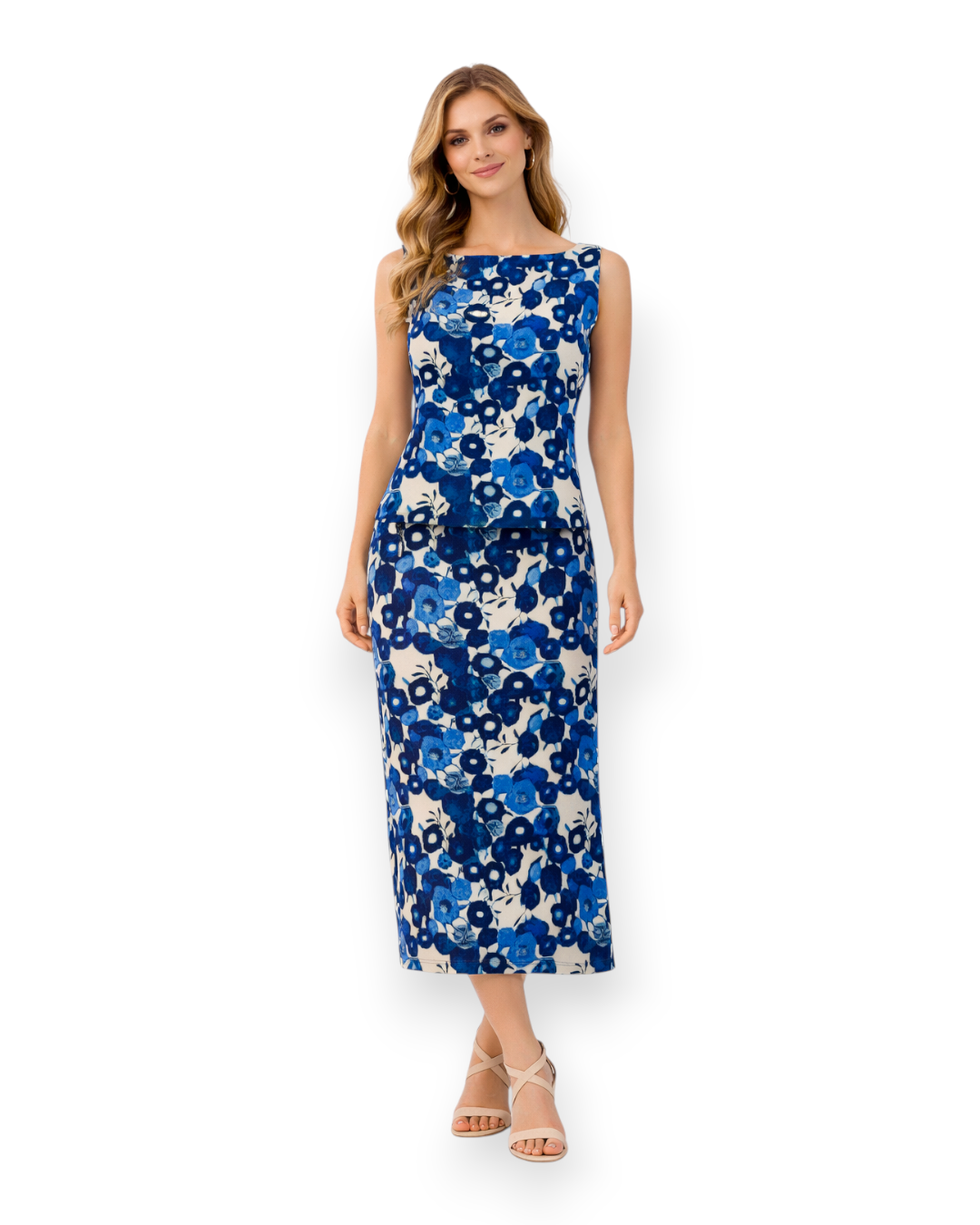 Model wearing a Birdie by Nina Liddle Design Taylor skirt in a blue and white floral print with a matching top