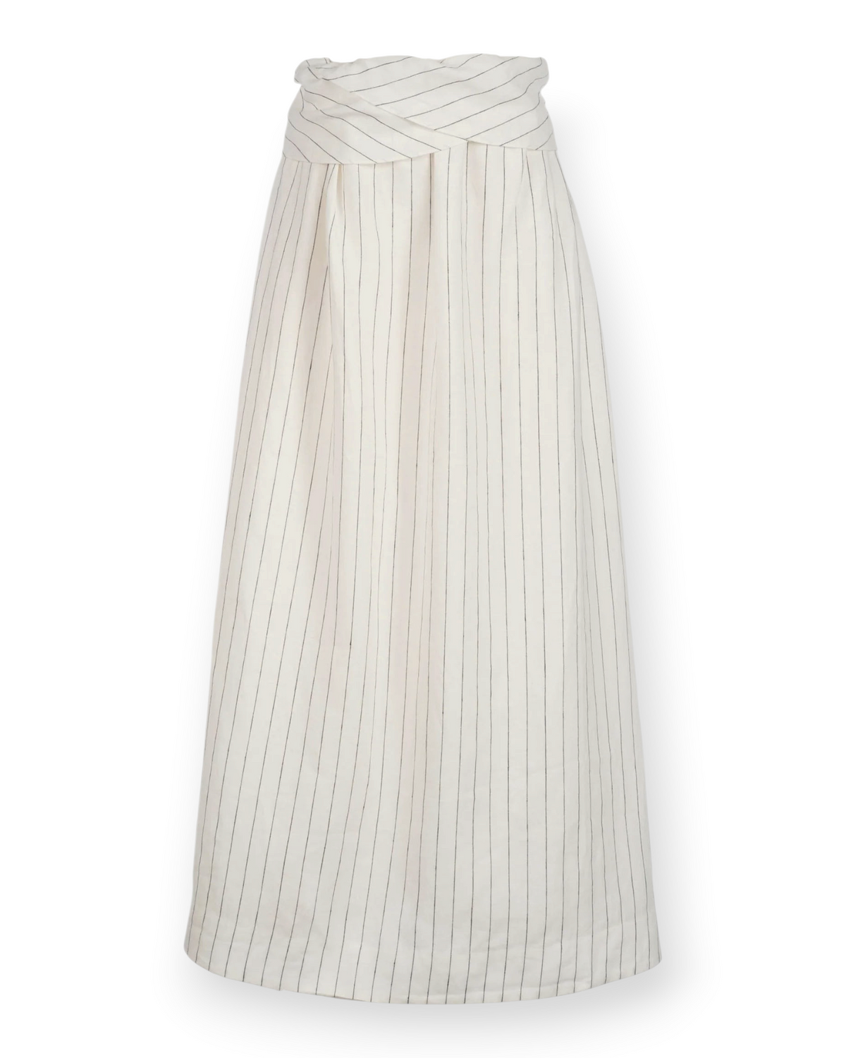 Birdie by Nina Liddle Design Mogra knee-length linen dress in ivory with black vertical stripes and draped bodice.