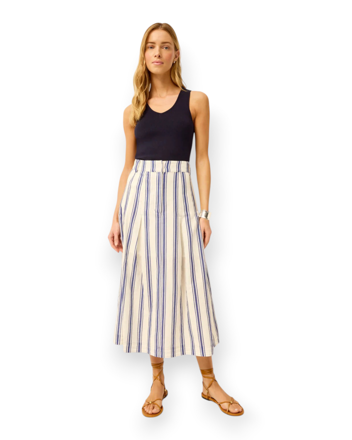 Birdie by Nina Liddle Design Miranda tank in navy ribbed knit worn with a blue and white striped midi skirt