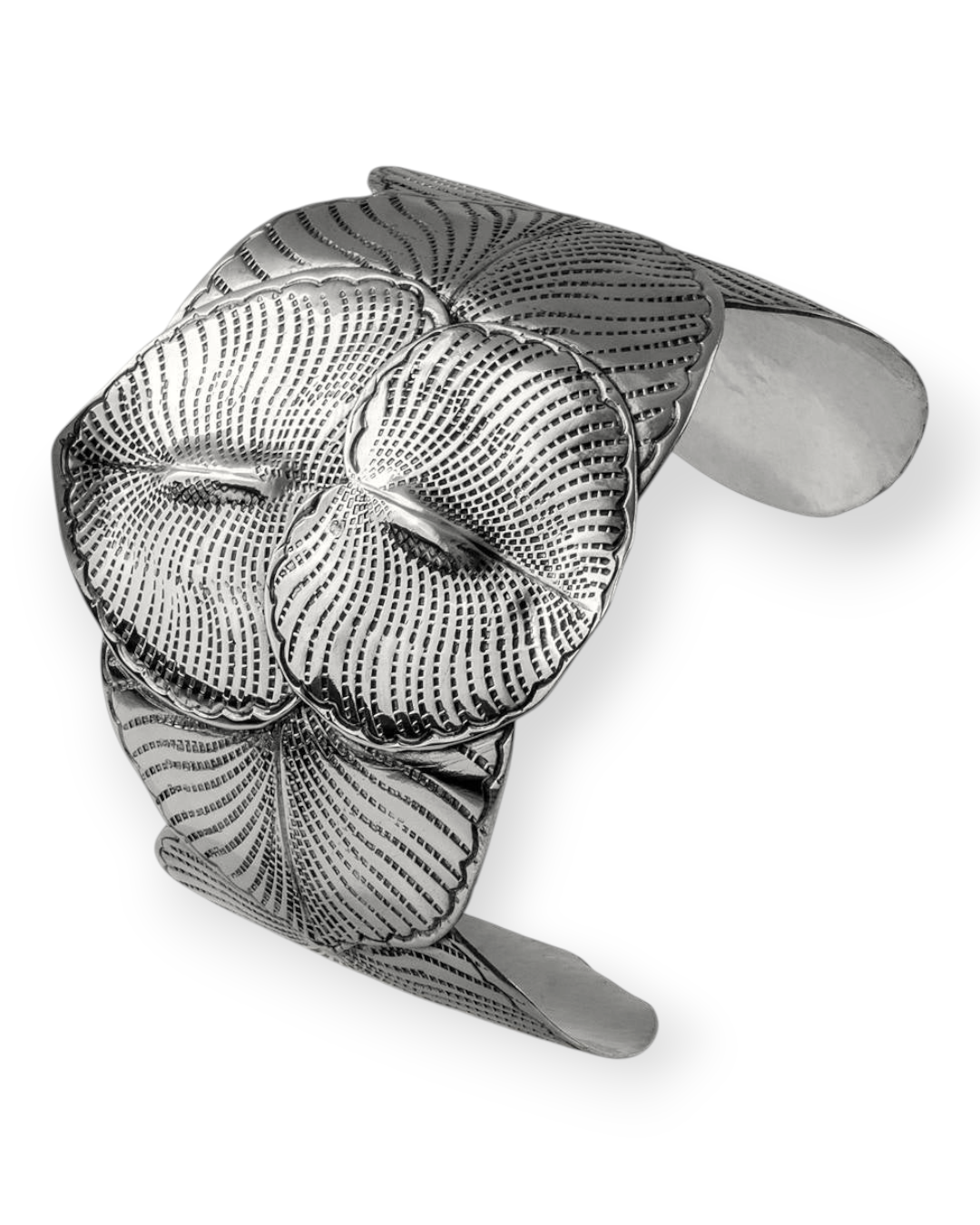 Birdie by Nina Liddle Design silver-toned metal cuff bracelet featuring a detailed eucalyptus leaf pattern
