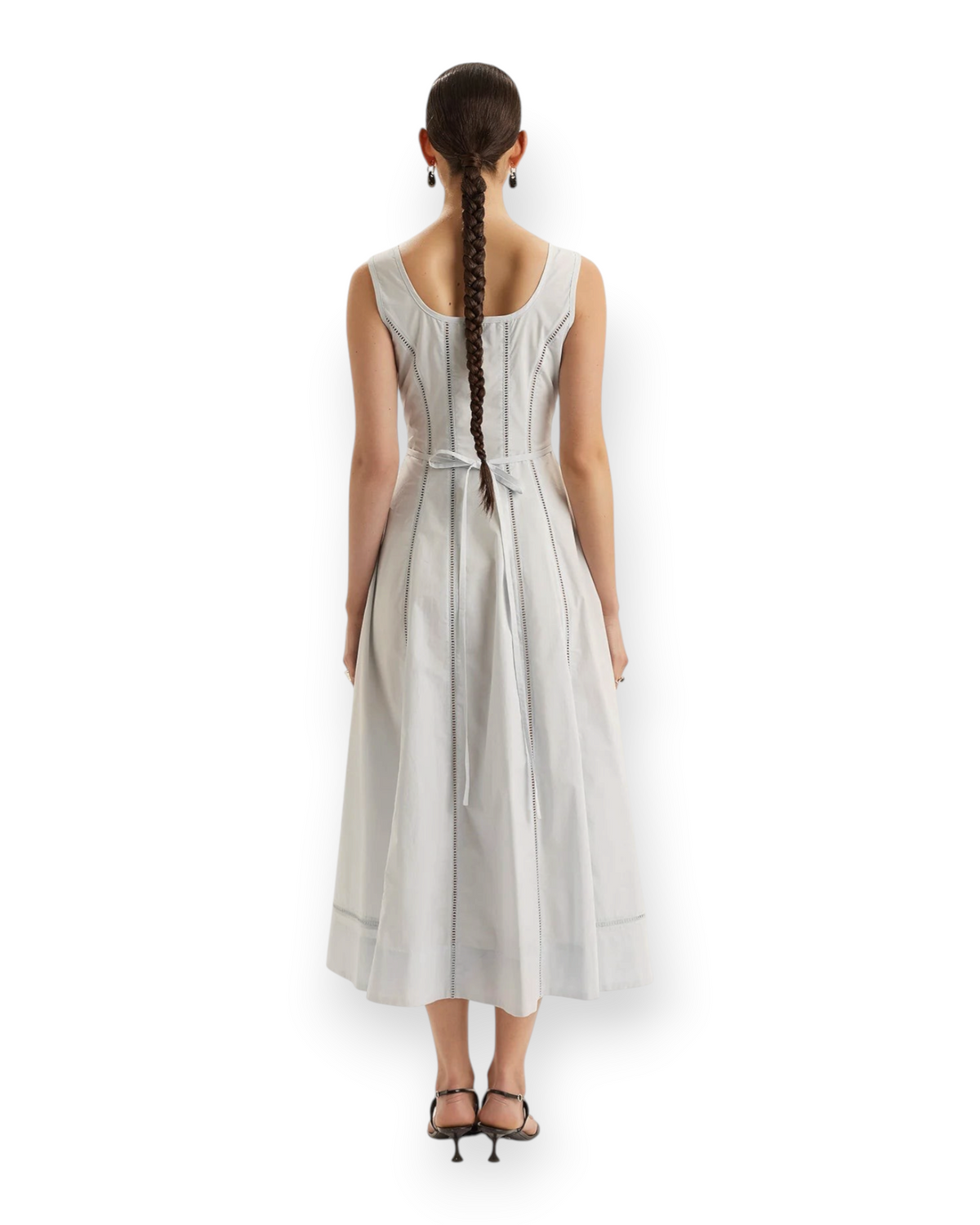 Back view of Birdie by Nina Liddle Design Harini tea-length dress in skye blue cotton poplin with ladder lace trim.