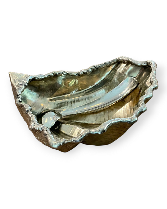 Birdie by Nina Liddle Design oyster shell salt and pepper well made of copper, nickel, and zinc with a metallic finish