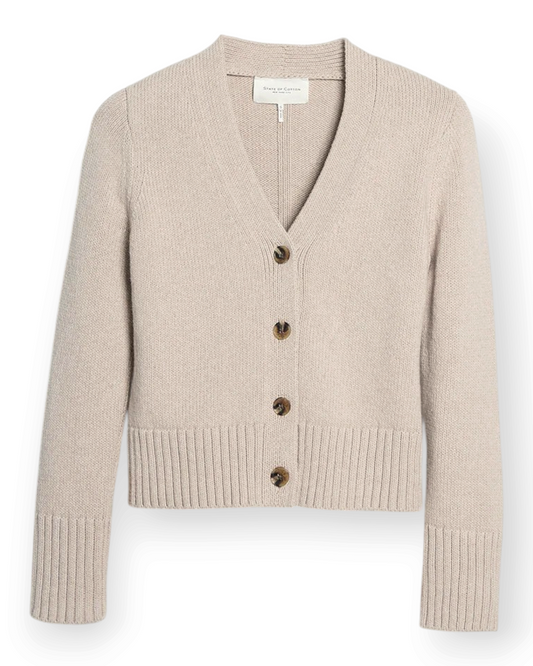 Birdie by Nina Liddle Design Peyton Cardigan in beige Turkish cotton with a V-neck and tortoise-hued buttons.