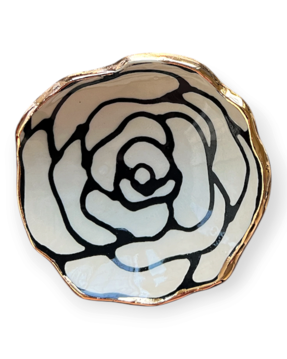 Birdie by Nina Liddle Design handmade stoneware flower jewelry dish with black floral line art and 22kt gold rim.