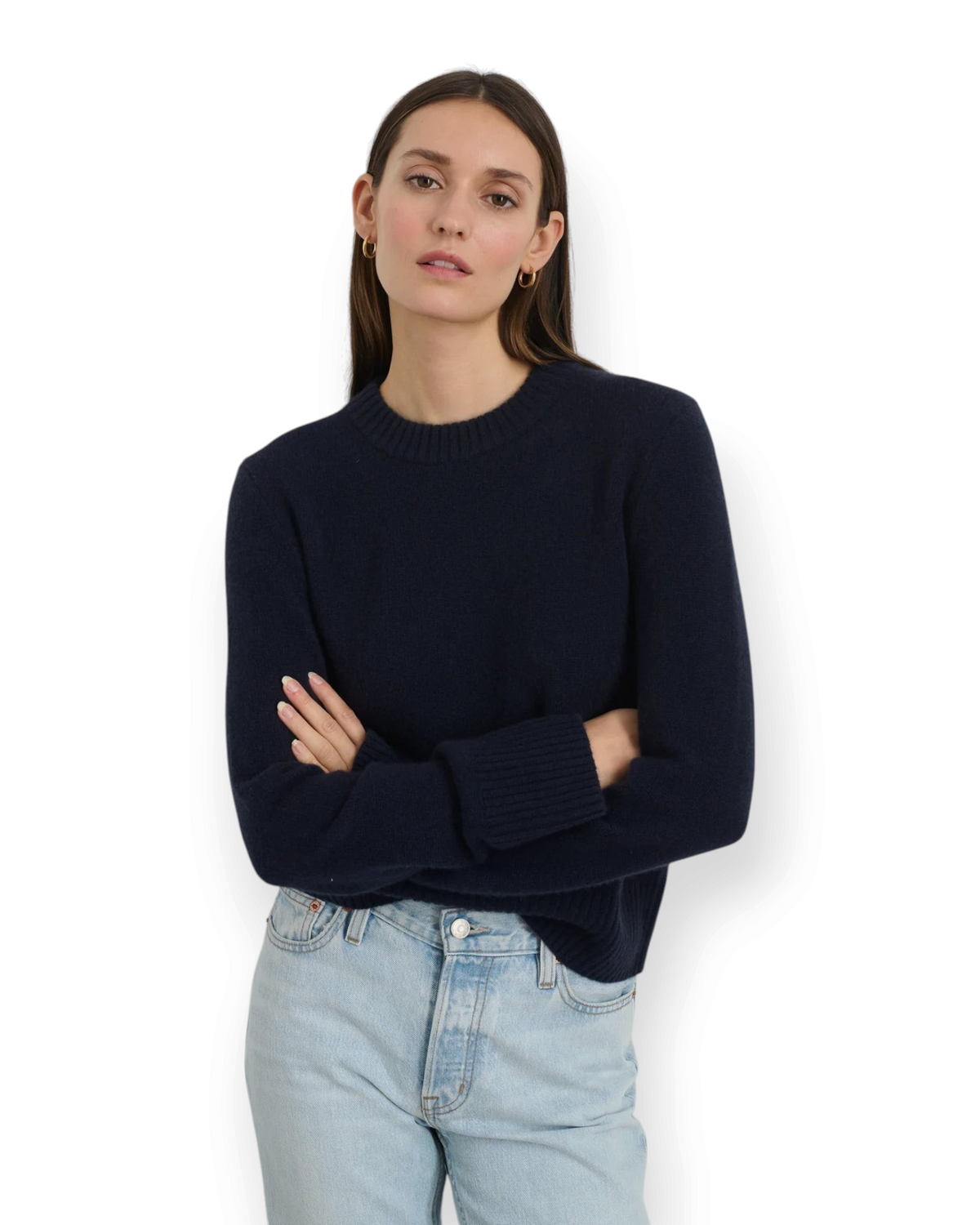 Birdie by Nina Liddle Design Marais sweater in navy washed cashmere with a crew neck worn by a model