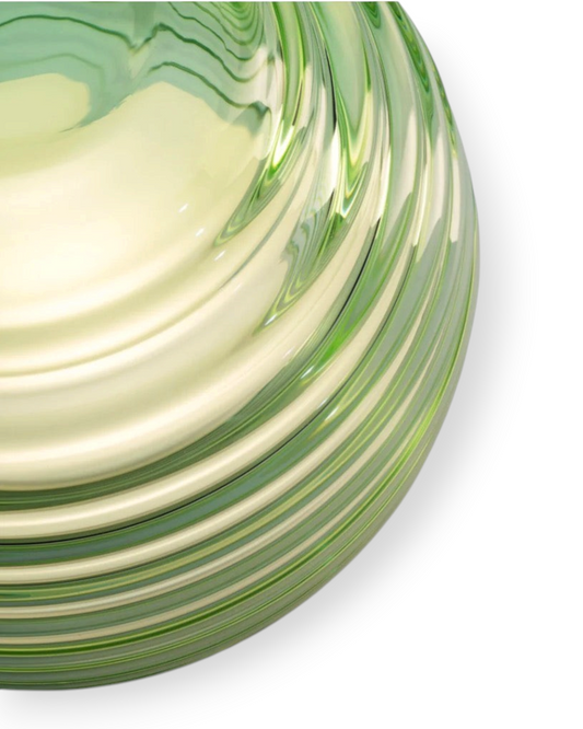 Birdie by Nina Liddle Design handblown Murano glass portable table light with concentric rippled green glass rings.