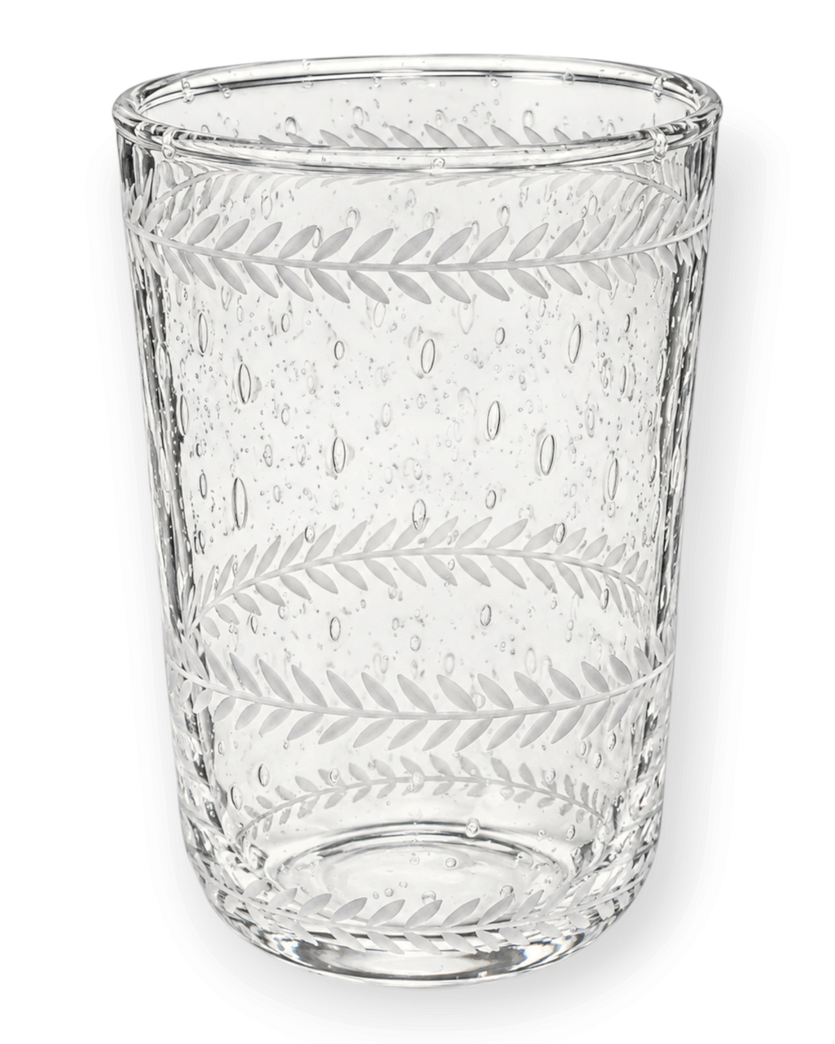 Birdie by Nina Liddle Design hand-blown clear glass tumbler featuring delicate etched leaf patterns and air bubbles.