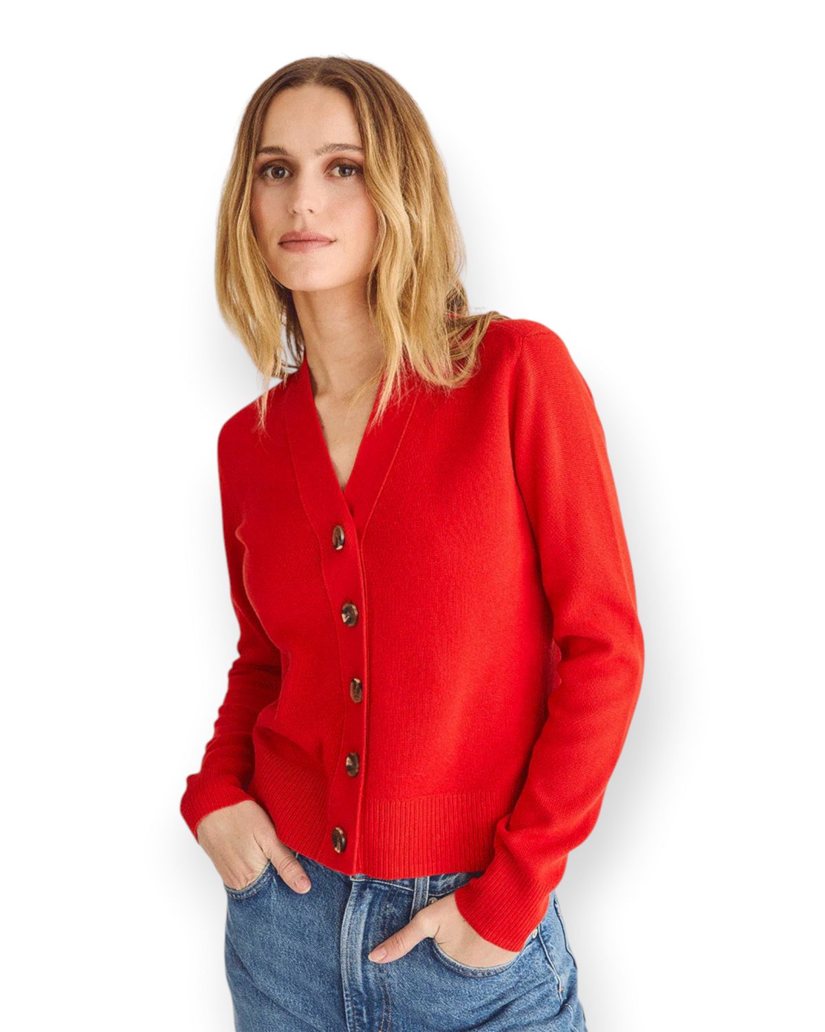 Birdie by Nina Liddle Design Perry Cardigan in vibrant red Egyptian cotton with a slim fit and button-front closure.