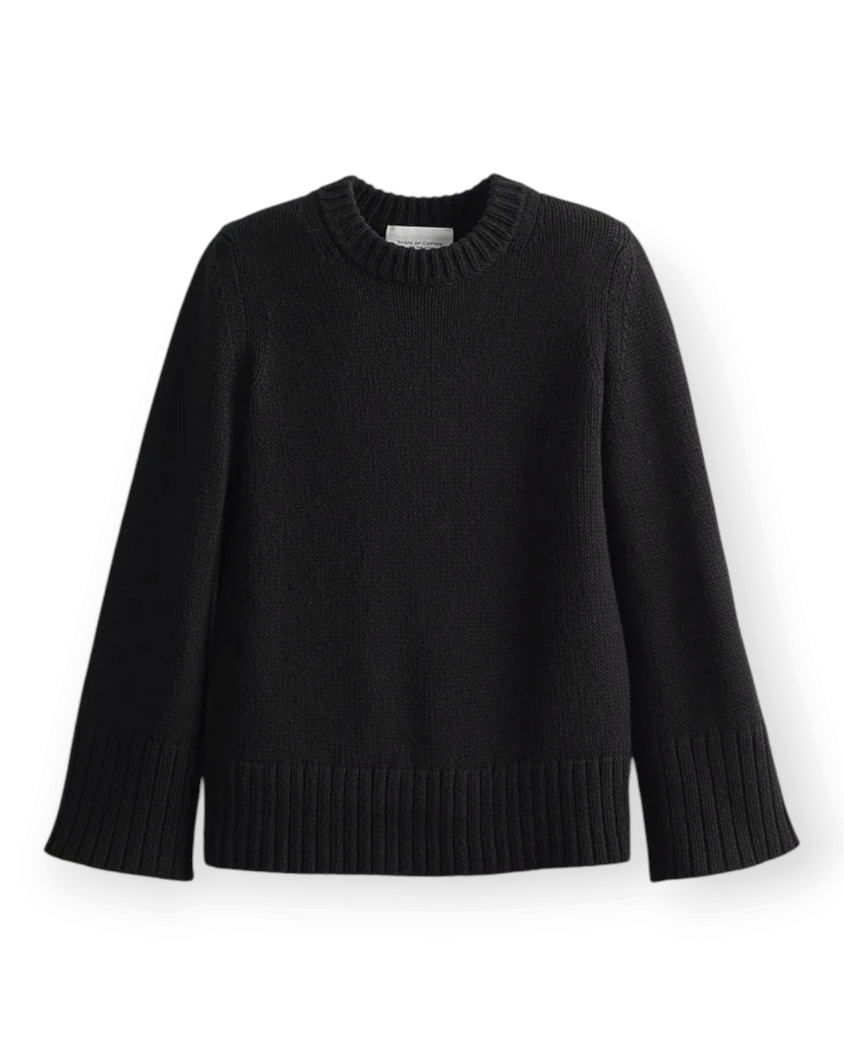 Birdie by Nina Liddle Design black Kittery crewneck sweater in Turkish cotton with bell sleeves and ribbed hem.