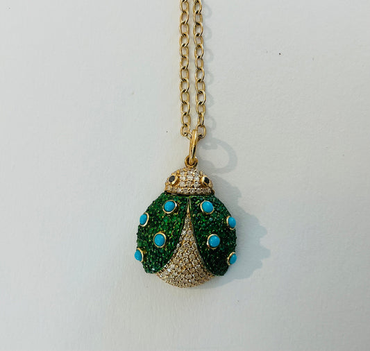 Turquoise and Diamond Ladybug Neckalce