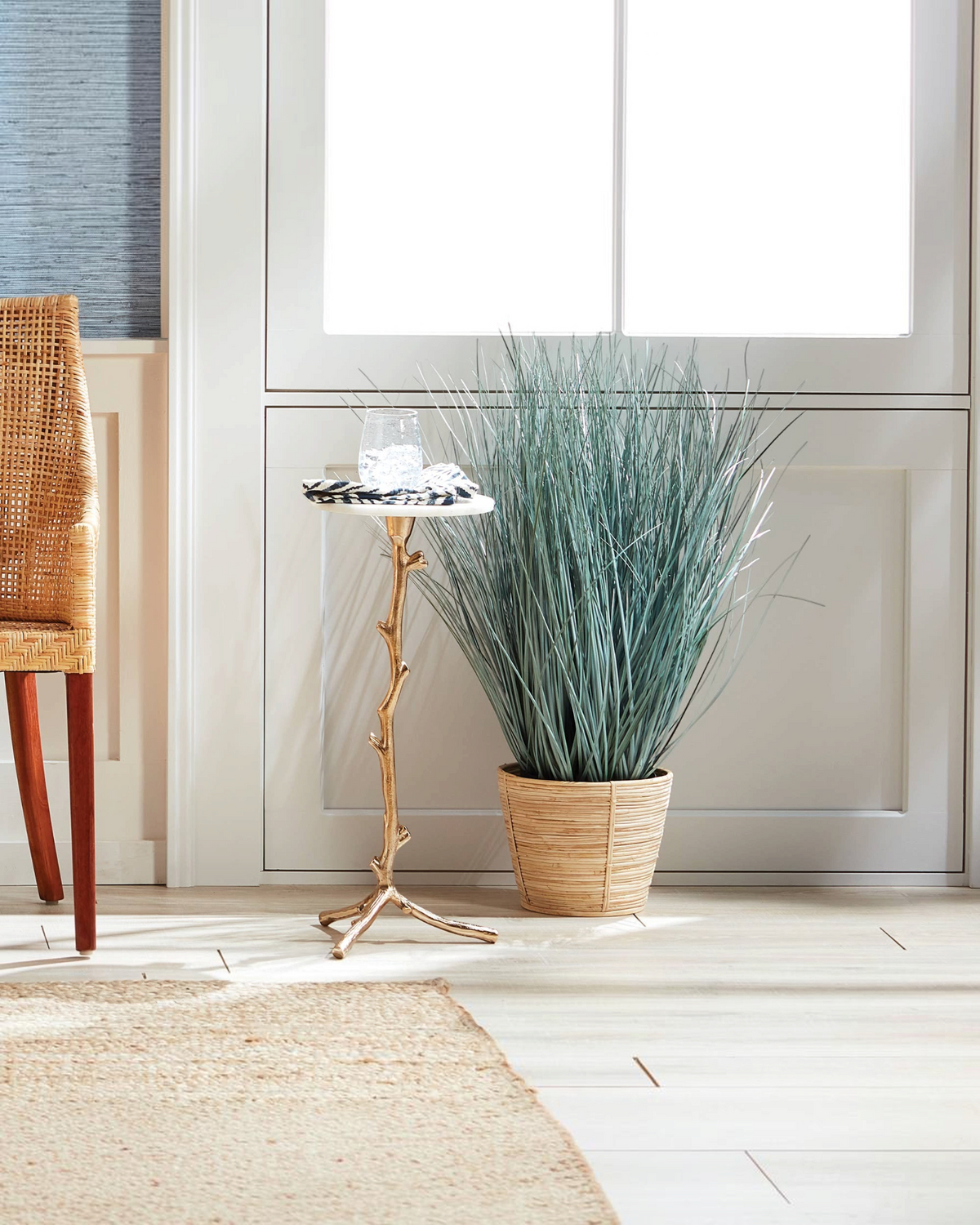 Birdie by Nina Liddle Design Varina accent table with white marble top and gold vine-inspired cast-aluminum base.