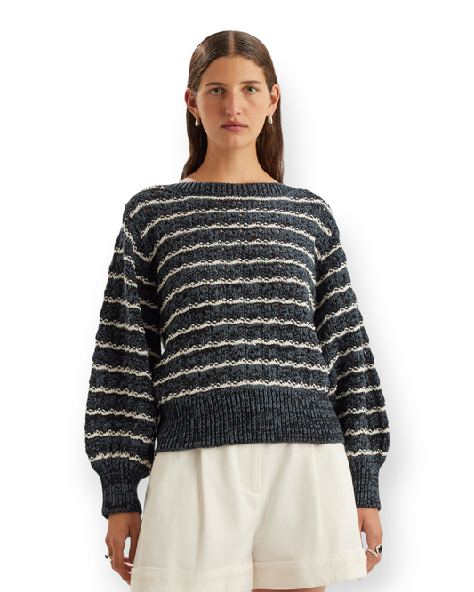 Birdie by Nina Liddle Design Cy Sweater in navy mercerized cotton with pointelle stripe detailing and full sleeves.