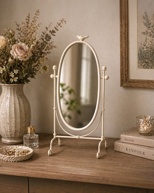 Birdie by Nina Liddle Design vintage oval table top swing mirror in a distressed white finish with a bird accent.