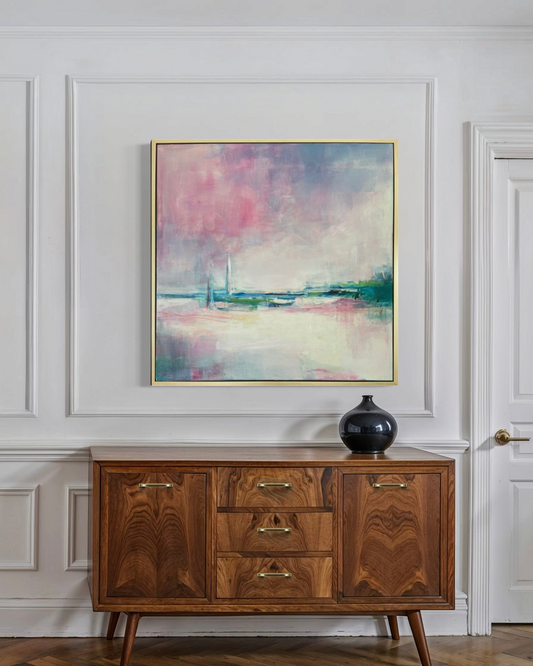 Birdie by Nina Liddle Design Blush Tide abstract mixed media painting in a maple frame hanging above a wooden sideboard.