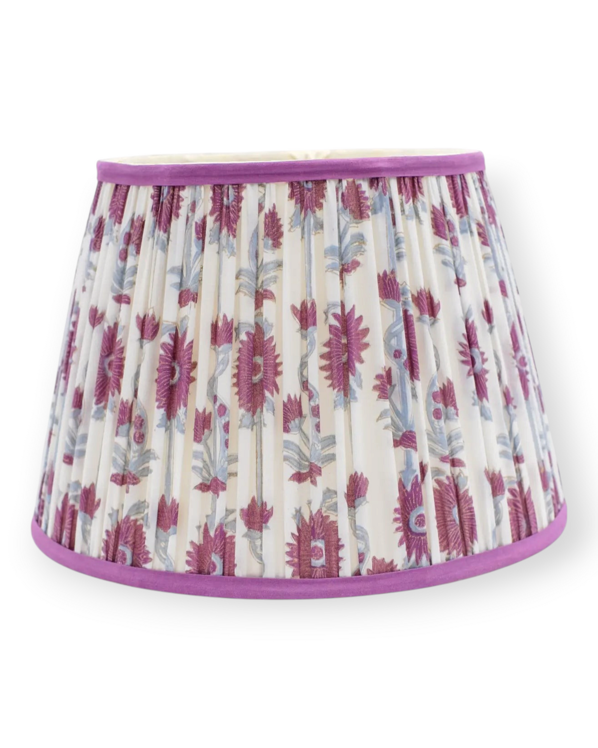 Birdie by Nina Liddle Design pleated empire lampshade in cotton with purple floral block print and matching trim