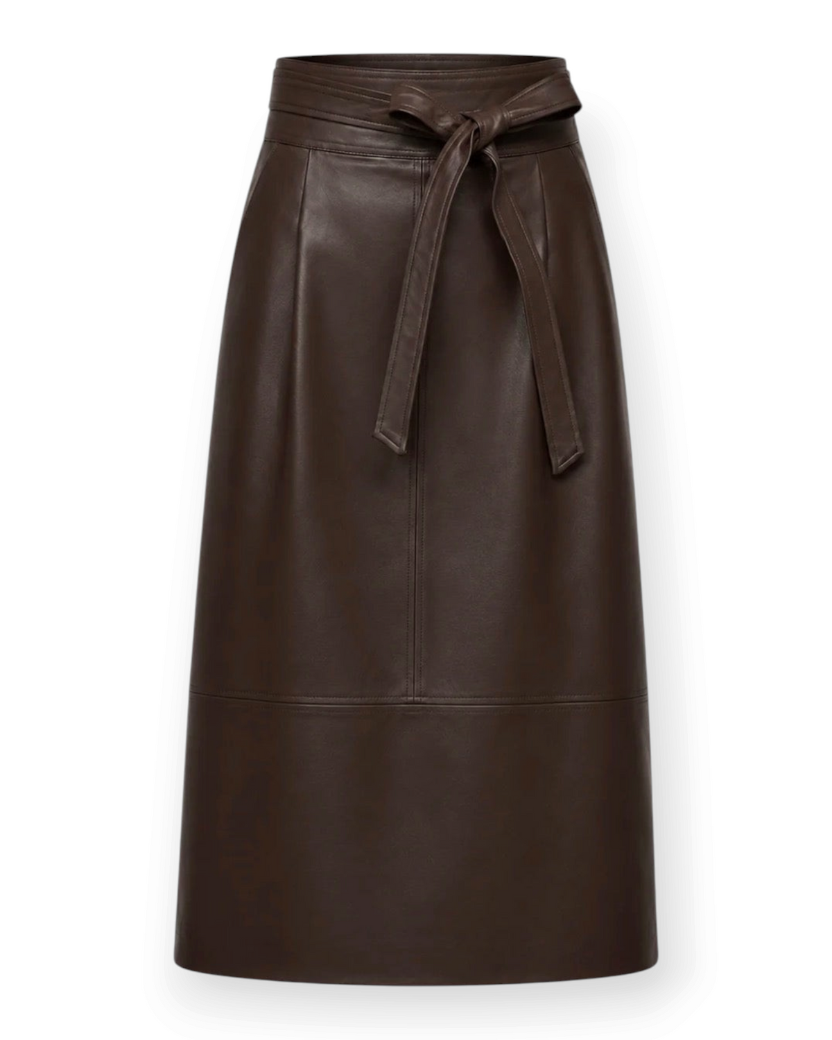 Birdie by Nina Liddle Design brown lambskin leather midi skirt with front pleats, side pockets, and a waist belt.