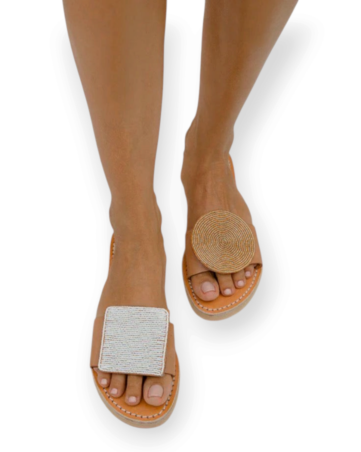 Birdie by Nina Liddle Design Crey leather flip flops with mismatched geometric beaded accents on a white background