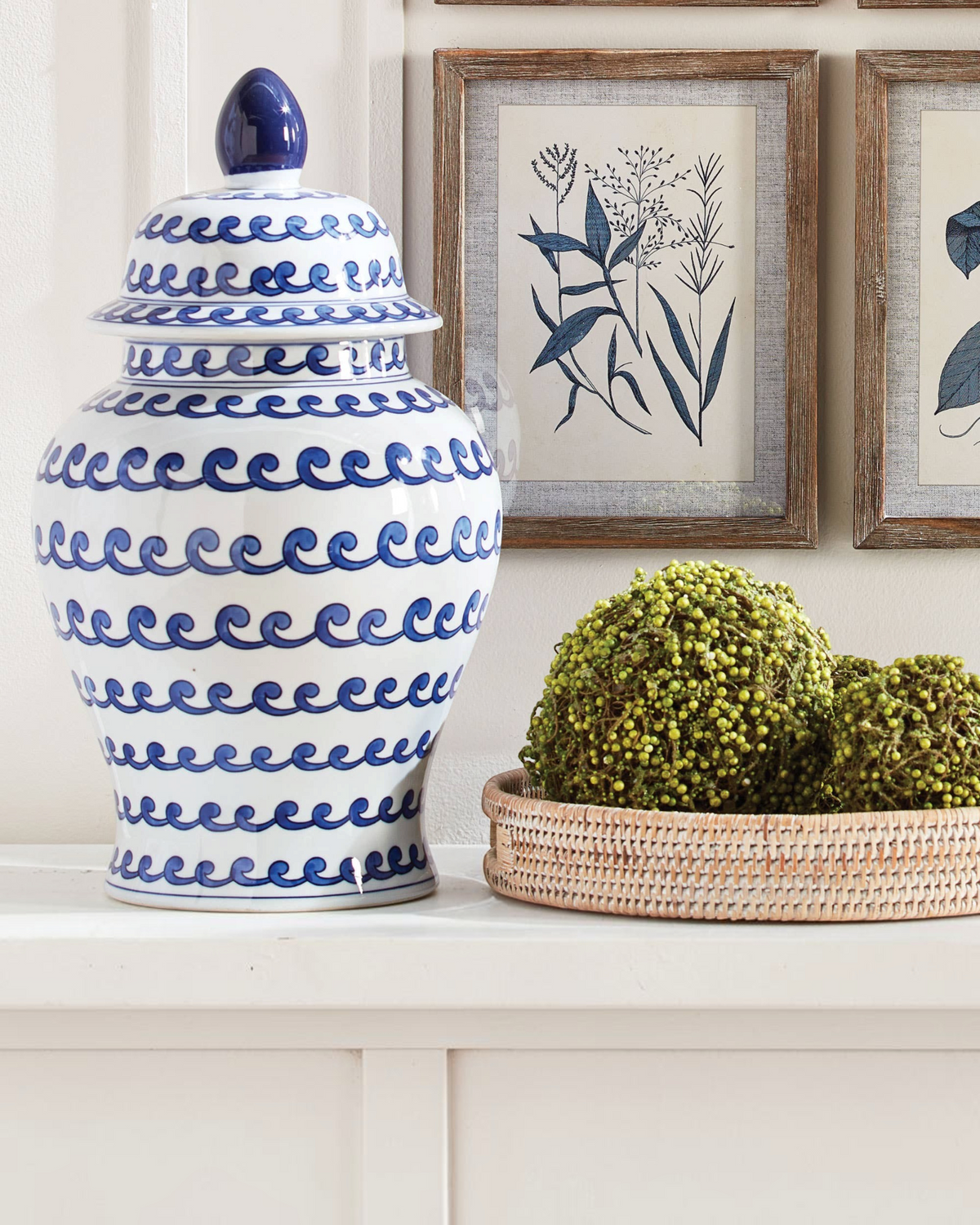 Birdie by Nina Liddle Design Barclay Butera Dynasty Wave Jar in white porcelain with blue hand-painted wave patterns