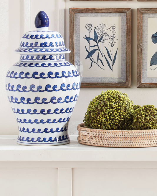 Birdie by Nina Liddle Design Barclay Butera Dynasty Wave Jar in white porcelain with blue hand-painted wave patterns