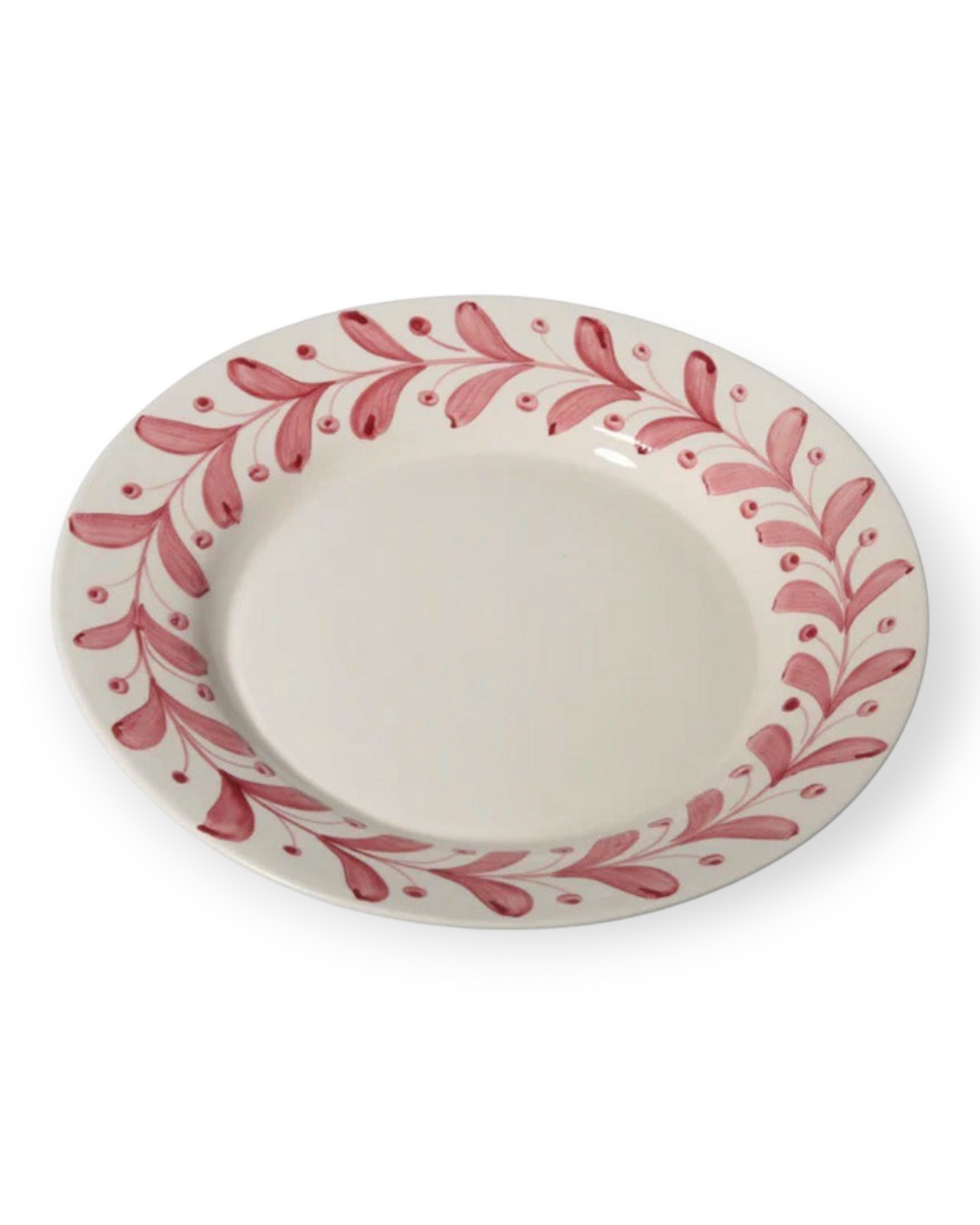 Birdie by Nina Liddle Design Anna ceramic dessert plate with hand-painted pink olive branch motif on white background