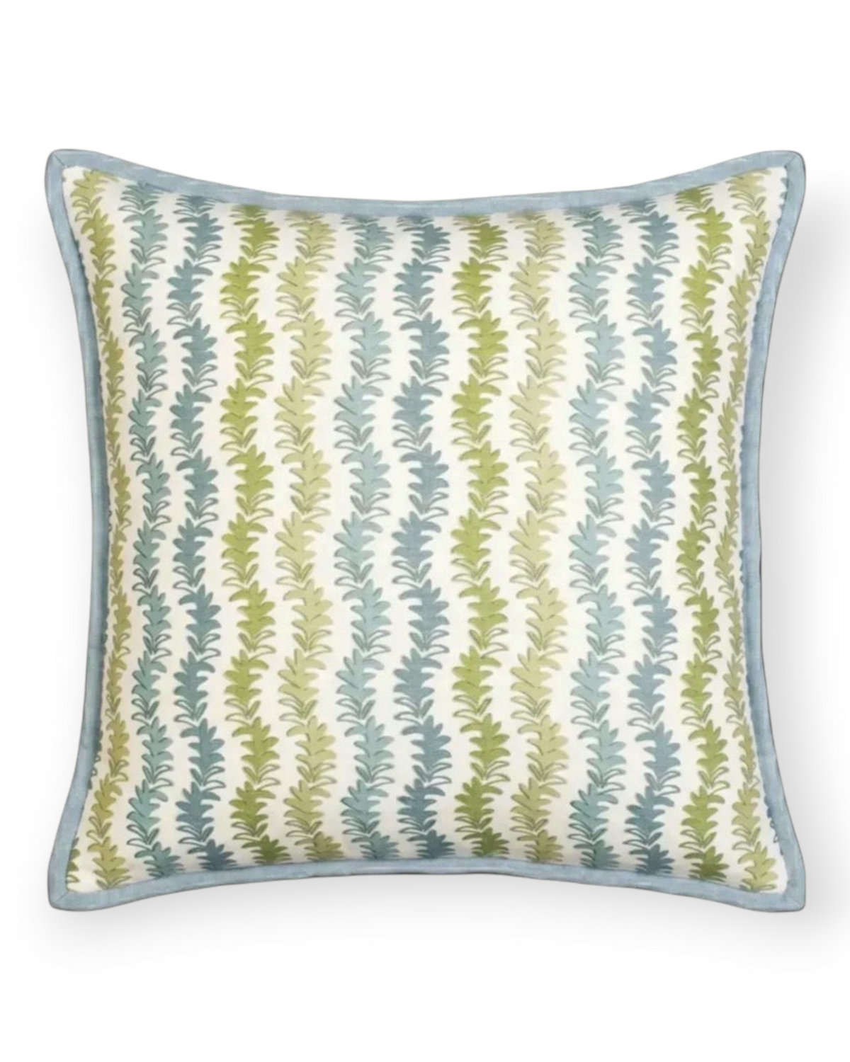 Birdie by Nina Liddle Design Leyla pillow featuring a green and blue botanical stripe print on linen-cotton fabric.