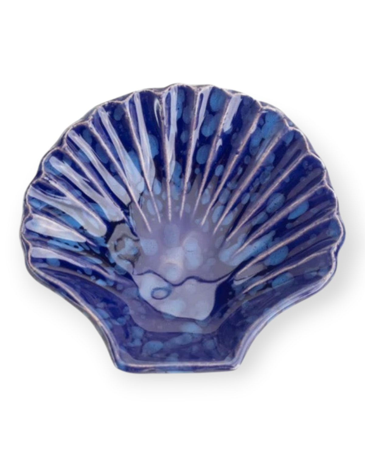 Birdie by Nina Liddle Design Concha small ceramic plate in a deep blue shell-shaped design with mottled glaze