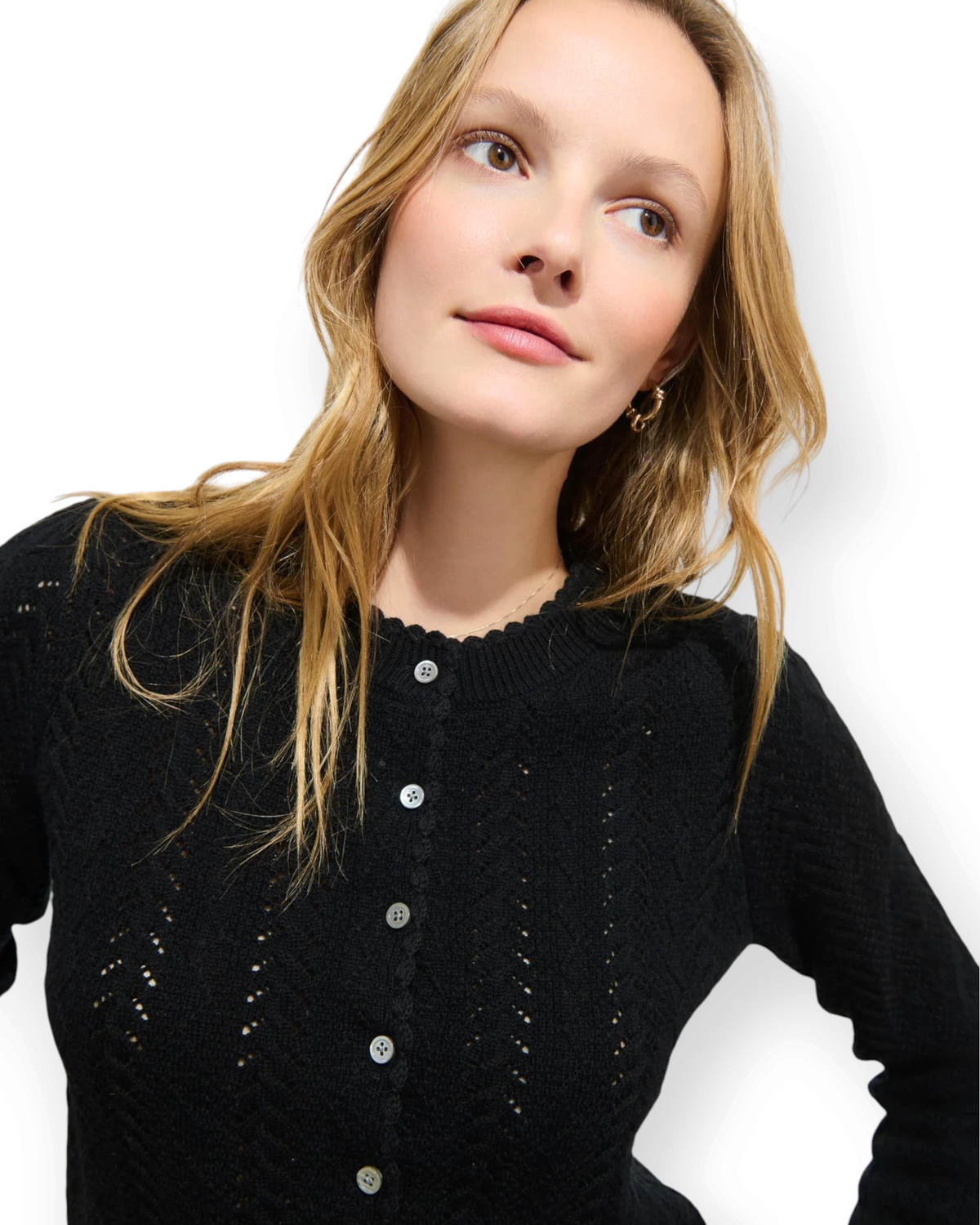 Birdie by Nina Liddle Design Gracie sweater in black merino wool and cotton blend with lace work and scalloped collar