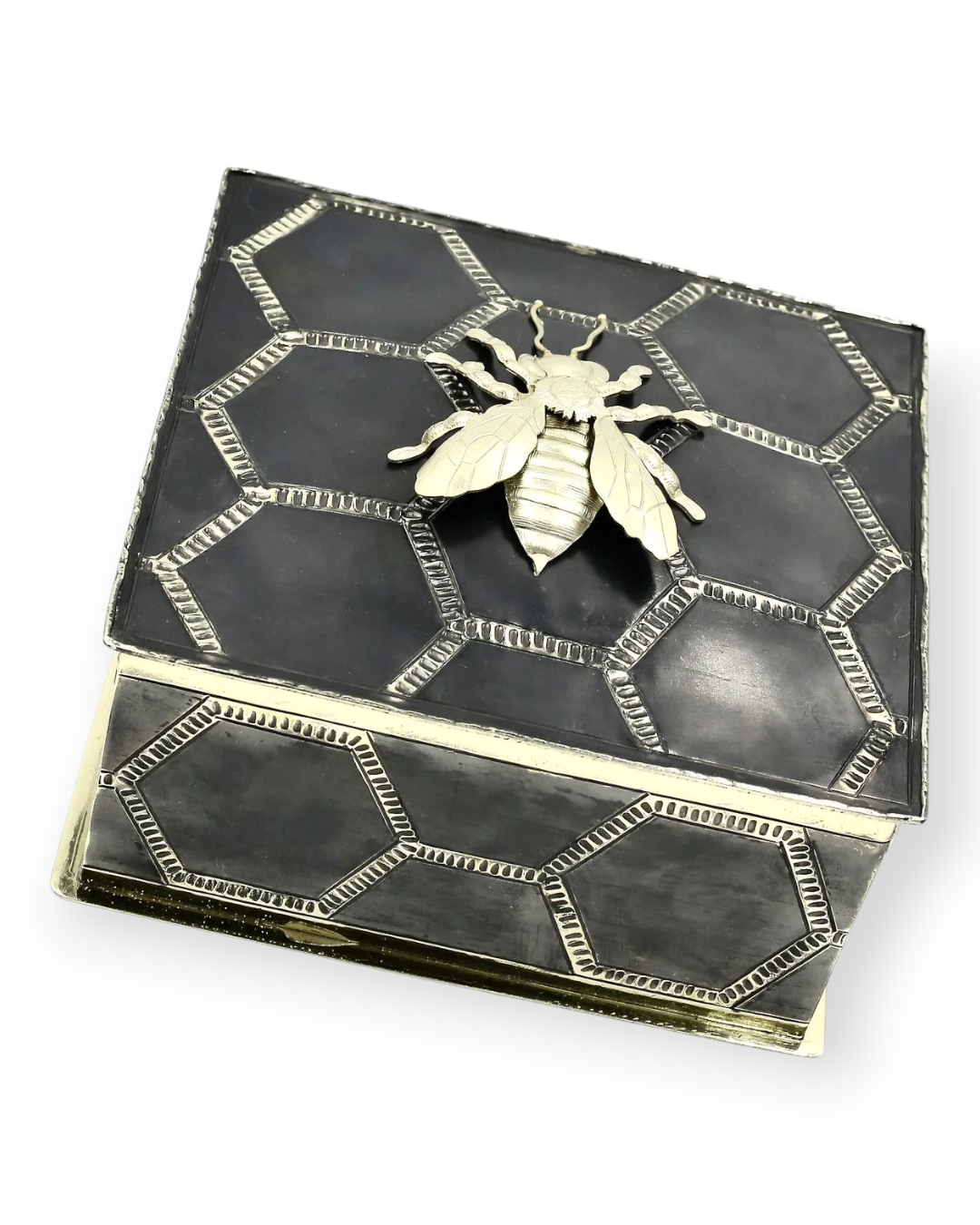 Birdie by Nina Liddle Design square keepsake box in dark Alpaca metal with a silver bumble bee and honeycomb pattern.