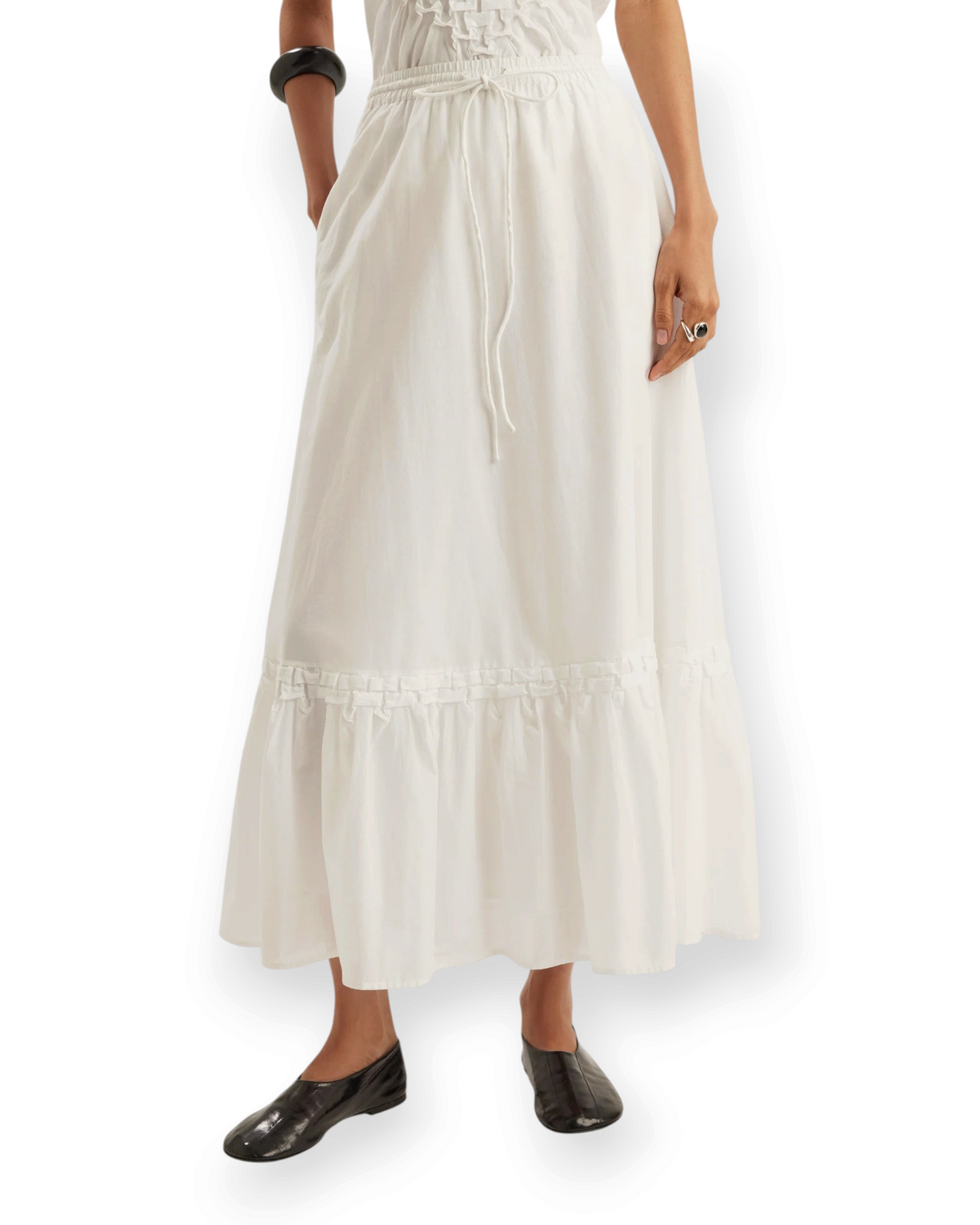 Birdie by Nina Liddle Design white cotton voile ankle-length skirt with smocked detailing and adjustable drawcord.