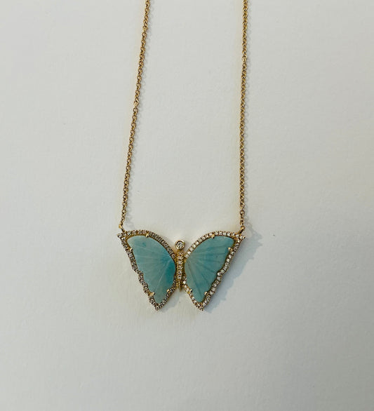Pleated Top Diamond Trim Butterfly Necklace