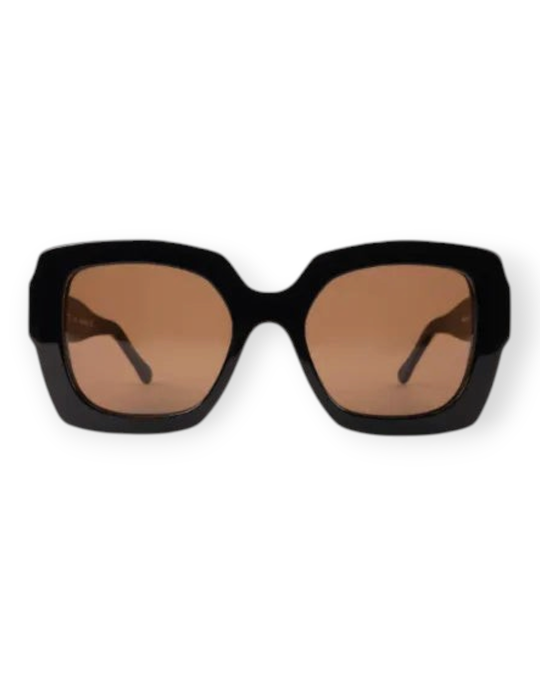 Birdie by Nina Liddle Design Ann oversized black sunglasses with brown tinted lenses and a wide fit frame.