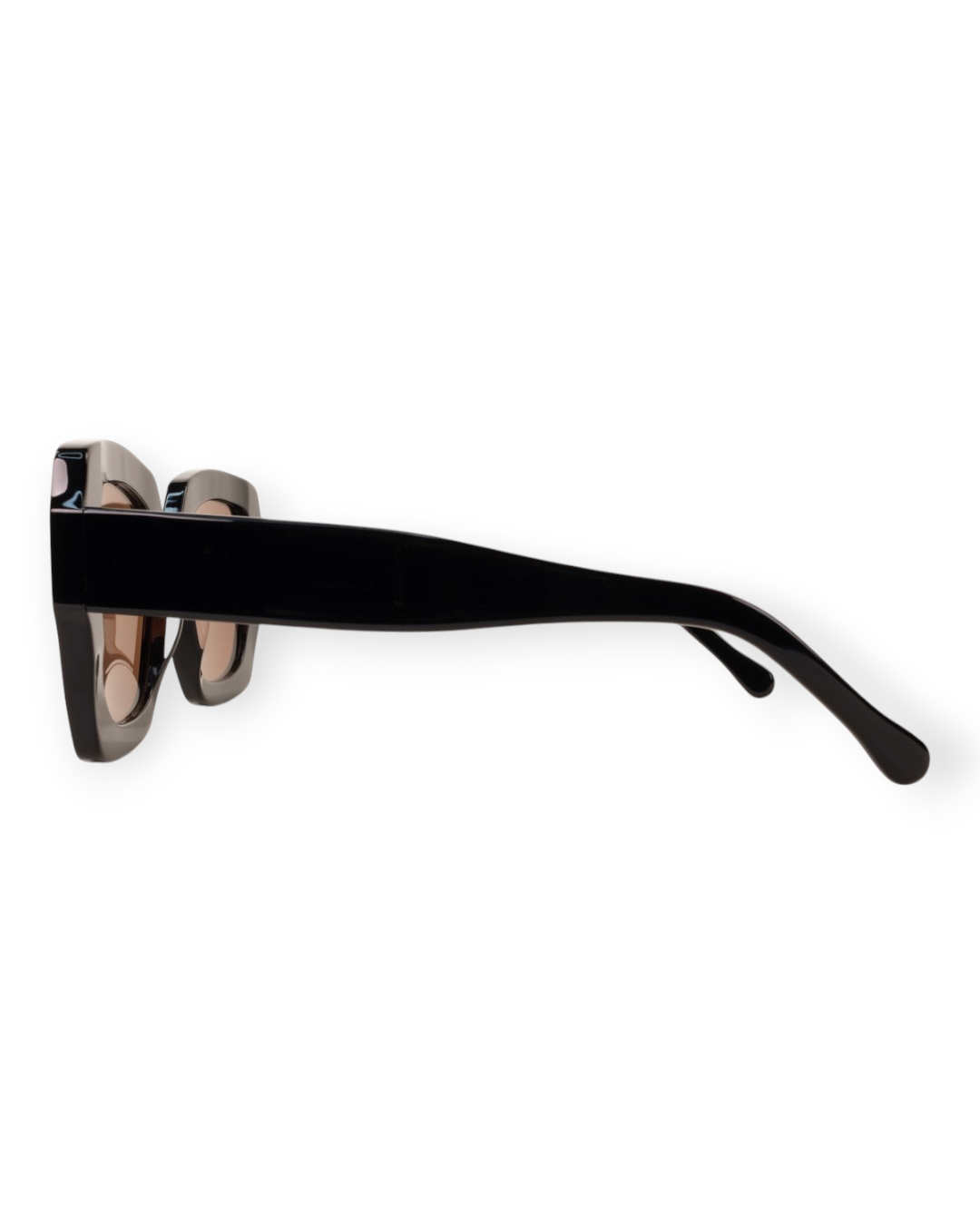 Birdie by Nina Liddle Design Ann oversized black sunglasses with a wide fit, shown from a side profile view.