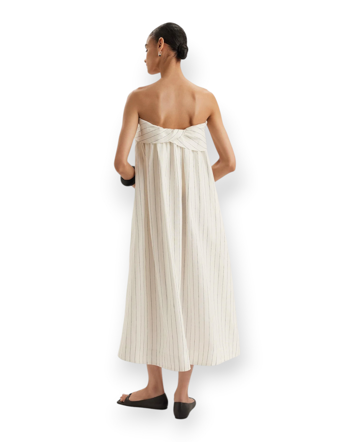 Birdie by Nina Liddle Design Mogra knee-length strapless linen dress in ivory with black vertical stripes, back view.