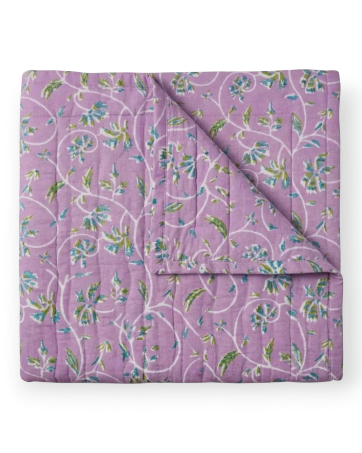 Birdie by Nina Liddle Design Marguerite queen quilt in lavender organic cotton with a block-printed botanical vine