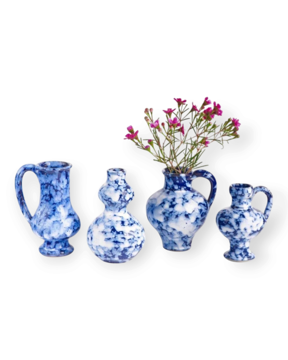 Birdie by Nina Liddle Design set of four blue and white ceramic bud vases with Greek-inspired pottery shapes