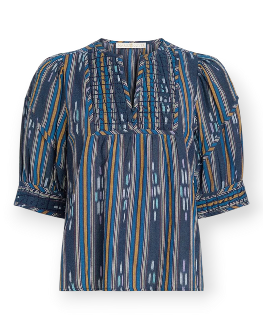 Birdie by Nina Liddle Design Adina top in blue ikat print cotton with quilted bib neck and puff sleeves