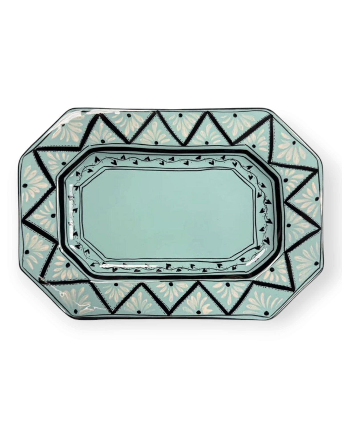 Birdie by Nina Liddle Design Gigi octagonal ceramic platter in light blue with hand-painted black and white patterns.
