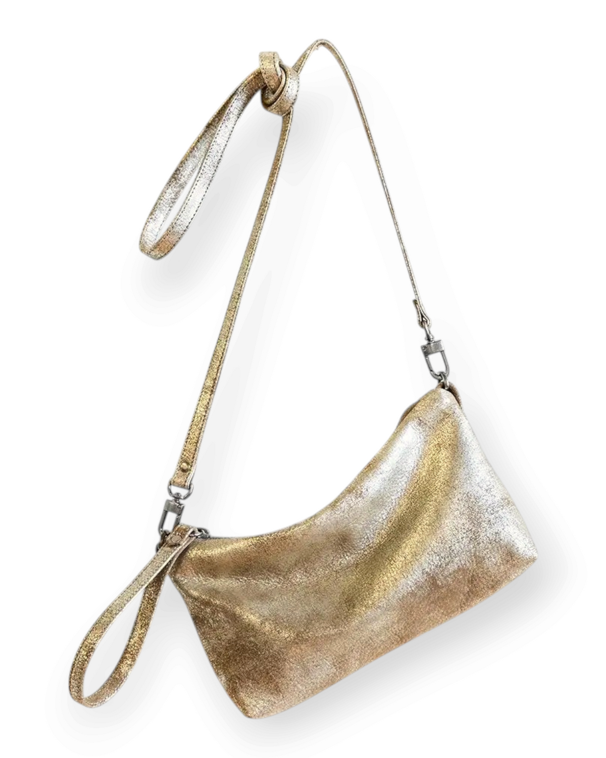 Birdie by Nina Liddle Design metallic gold leather Pinched bottom Traveller Small handbag with silver hardware
