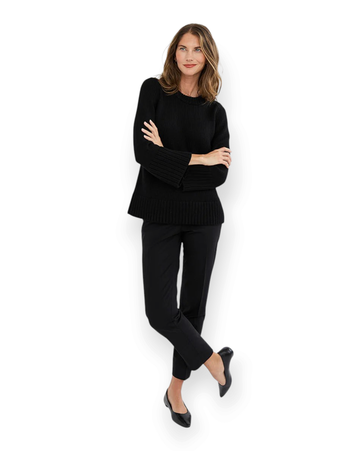 Birdie by Nina Liddle Design model wearing a black Turkish cotton Kittery crewneck sweater with flared bell sleeves.