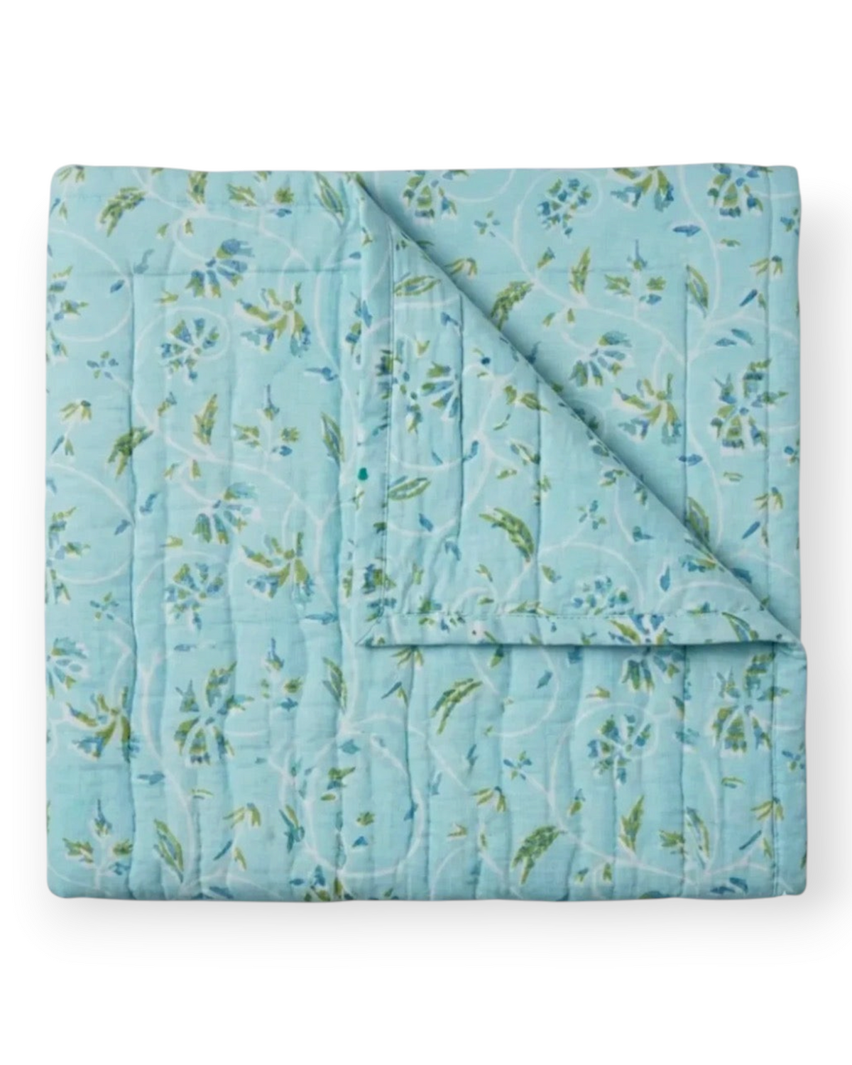 Birdie by Nina Liddle Design Marguerite queen quilt in light blue organic cotton with botanical vine block print