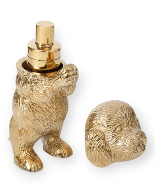 Birdie by Nina Liddle Design brass dog-shaped cocktail shaker with detachable head and metallic gold finish