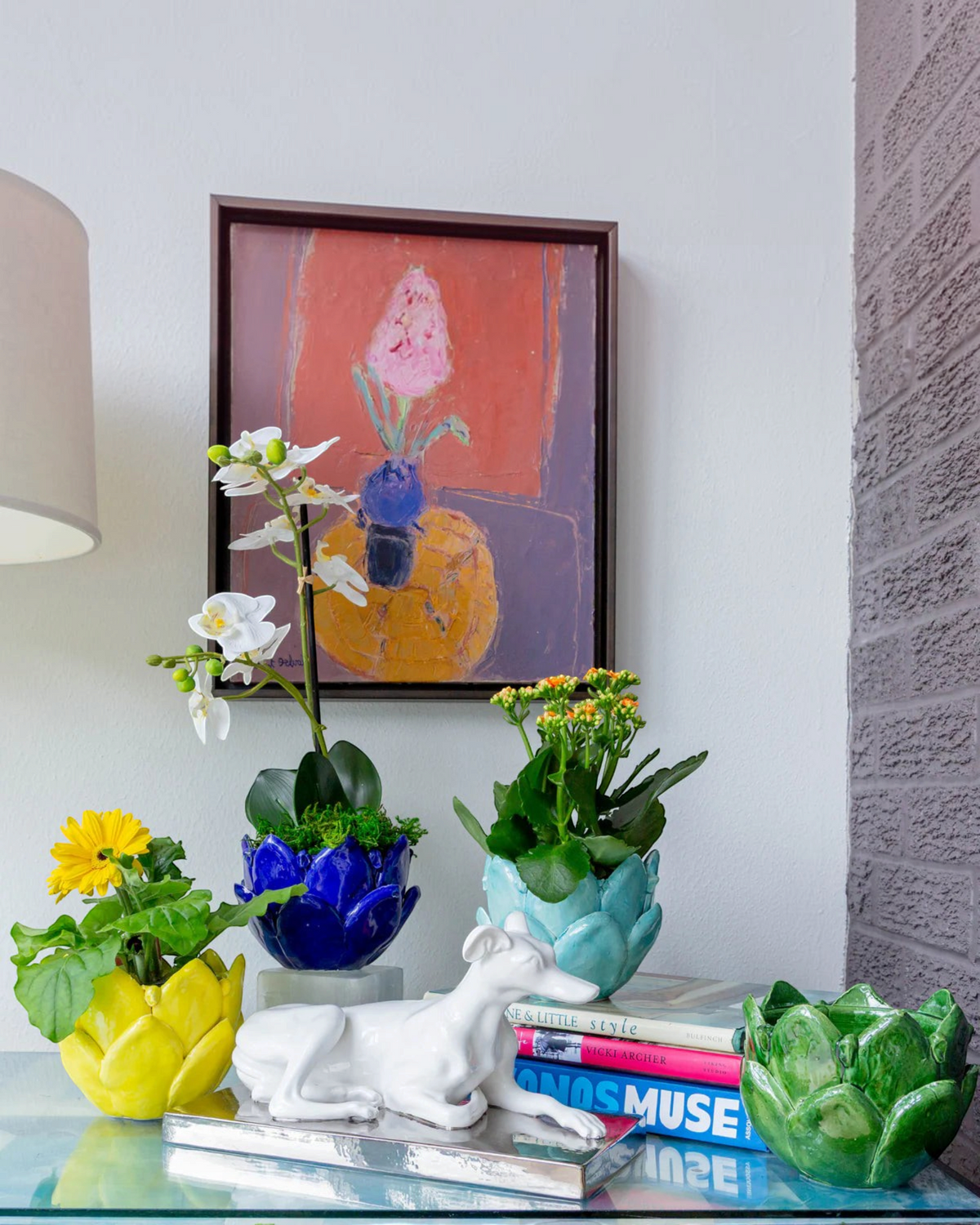 Birdie by Nina Liddle Design handmade Italian artichoke catchall pots in yellow, blue, light blue, and green colors.