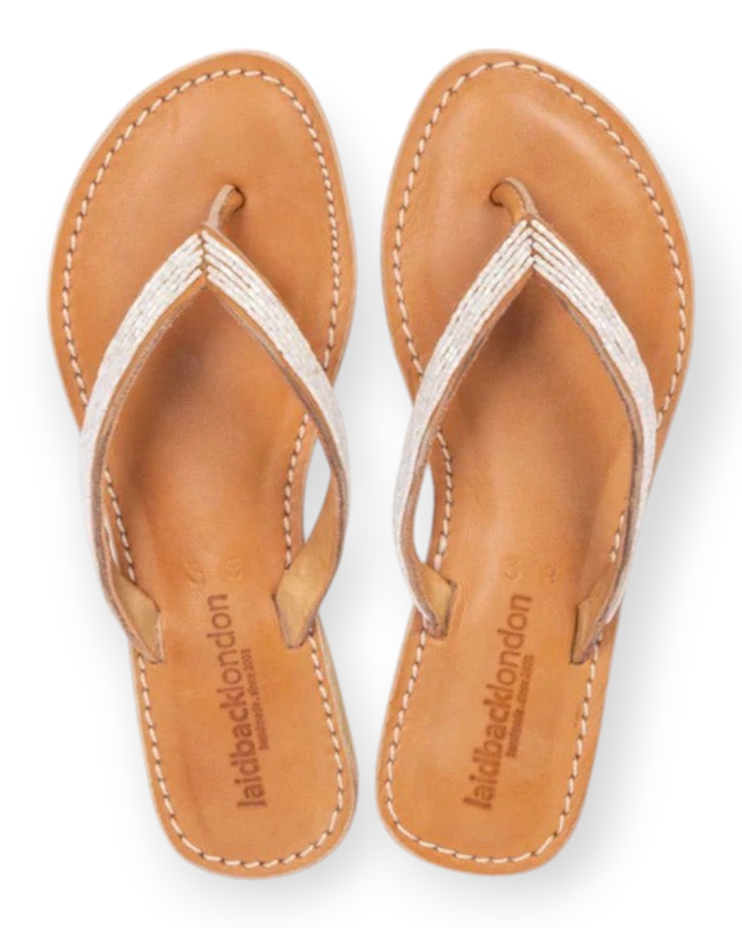 Birdie by Nina Liddle Design Seri flat leather flip flops with white beaded toe post detail and cushioned outsole
