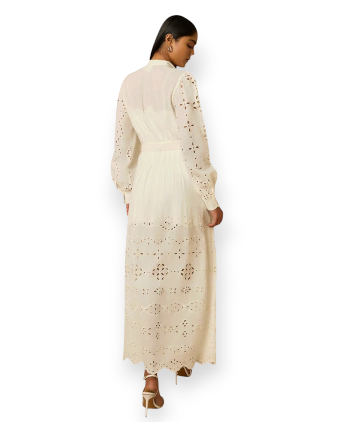 Birdie by Nina Liddle Design white schiffli cutwork midi shirt dress with long sleeves and buckled belt, back view