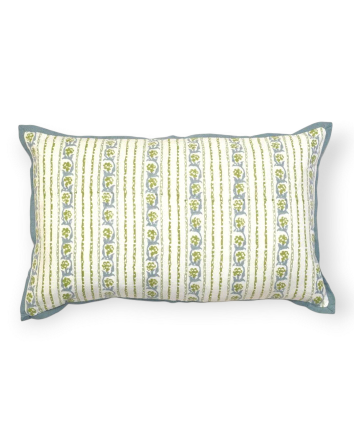 Birdie by Nina Liddle Design Elise pillow in linen-cotton blend with green botanical stripes and blue piped edges.